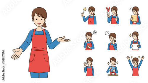 Diverse collection of a woman character in a red apron performing various tasks like greeting, checking, and celebrating.