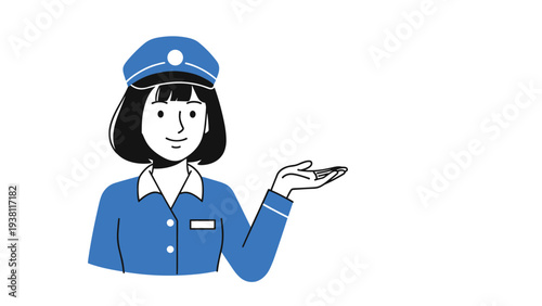 Friendly female flight attendant or officer in a blue uniform gesturing towards an empty space for text or placement.