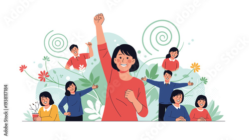 Motivated female leader raising her fist in triumph with a diverse group of people cheering in a floral background.