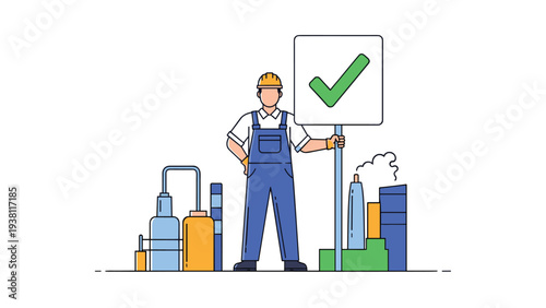 Industrial factory worker in a blue uniform and hard hat holding a large checkmark sign in front of a factory.