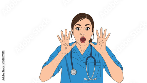 Shocked female nurse in blue scrubs with a stethoscope around her neck raising her hands in a state of surprise or panic.