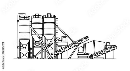 Minimalist concrete mixing plant vector illustration line art for industry and construction