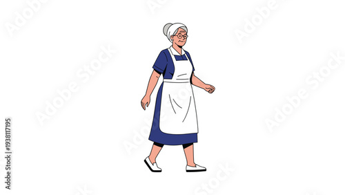 Active senior woman wearing an apron and headscarf walking confidently with a smile against a white background.