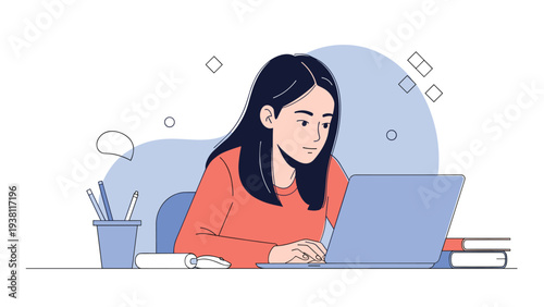 Young woman sitting at a desk and working intently on a laptop computer with school supplies and books around her.