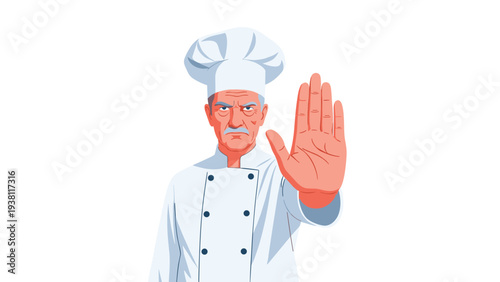 Stern male chef in a professional uniform holds up his hand in a stop gesture to signal rejection or a firm refusal in the kitchen.