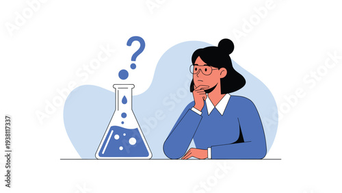 Professional female scientist in glasses looks thoughtfully at a glass flask containing blue liquid with a question mark above her.