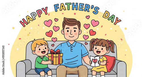 Happy father's day illustration of a smiling dad with kids giving gifts and cards on a couch