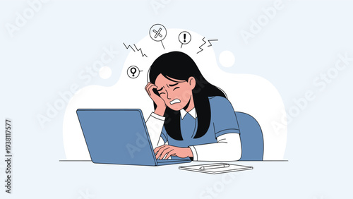 Stressed and tired student sitting at a desk with a laptop overwhelmed by difficult tasks or mental exhaustion.