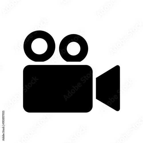 Black video camera icon on a white background, symbolizing film, movie production, recording, or multimedia content.