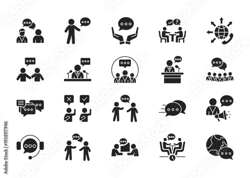Speaking thin glyph icon set. Containing speak, communication, remark, comment, consultation, communicate	