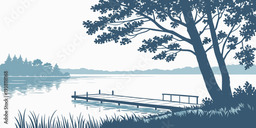 Calm Lake Dock Minimal Colorful Vector Illustration