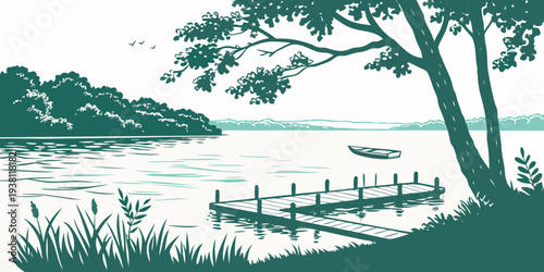 Calm Lake Dock Minimal Colorful Vector Illustration