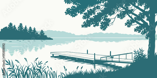 Calm Lake Dock Minimal Colorful Vector Illustration