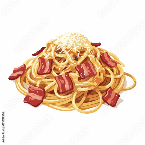 Delicious plate of spaghetti carbonara with crispy bacon and grated cheese, served hot and ready to eat.