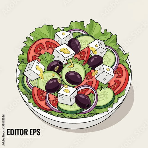 A colorful illustration of a fresh and healthy Greek salad with feta cheese, olives, tomatoes, and cucumber in a white bowl.