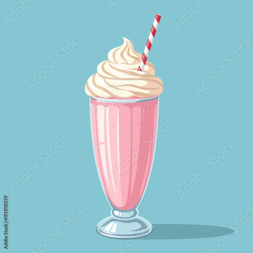 A delicious pink strawberry milkshake with whipped cream and a striped straw in a tall glass on a light blue background.