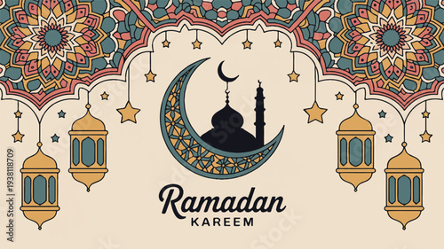 Ramadan kareem greeting card with crescent moon mosque lanterns and colorful floral patterns on beige background