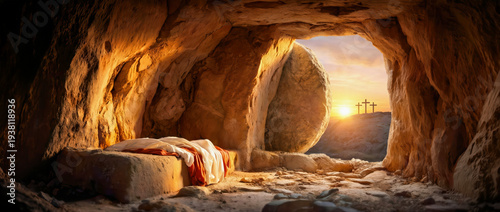 Easter morning dawns over the empty tomb with a three crosses in the distance symbolizing the resurrection of Jesus Christ.
