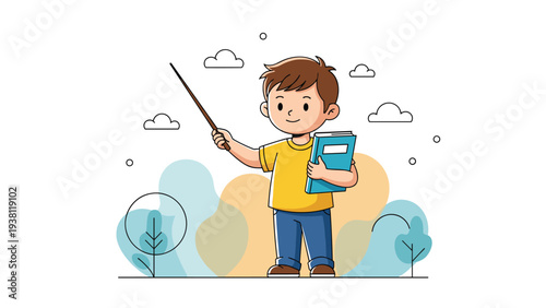 Cute little boy standing and acting like a teacher while holding a pointer and a blue book in a natural outdoor setting.