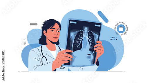 Professional female doctor in white lab coat holding and examining a medical chest x-ray scan in a clinical hospital setting.