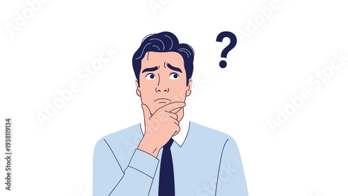 Pensive man in a light blue shirt and tie rests his chin on his hand while looking up at a question mark icon in deep thought.