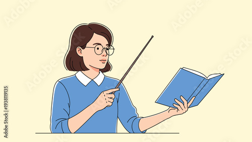 Female teacher with glasses holding a wooden pointer and an open blue book while teaching against a plain yellow background.