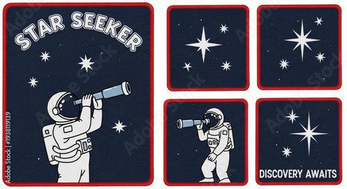 Astronaut looking through telescope at stars in space.