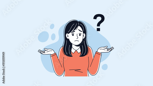 Confused young woman in an orange sweater shrugs her shoulders and opens her palms with a question mark icon against a blue background.