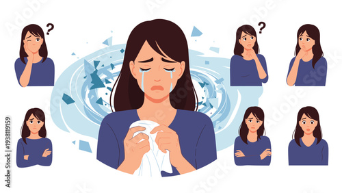 Emotional set of a woman experiencing various moods including sadness, confusion, and deep thought against a blue background.