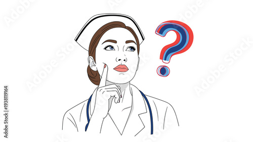 Concerned nurse wearing a white cap and stethoscope looks up thoughtfully at a large colorful question mark icon while in doubt.