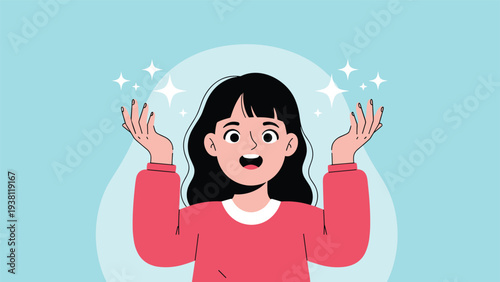 Excited young woman with long black hair looks up in amazement with open mouth and raised hands surrounded by sparkling star icons.