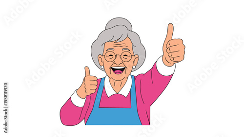 Energetic elderly woman wearing glasses and a pink sweater with a blue apron gives two enthusiastic thumbs up while smiling broadly.