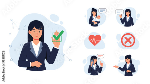 Collection of professional business icons and gestures featuring a woman in a suit for various corporate communications.
