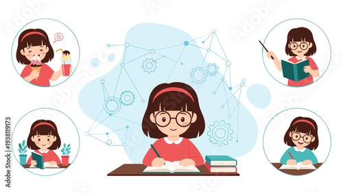 Adorable young girl with glasses and a red headband is shown in a collage studying, eating ice cream, and reading her favorite books.