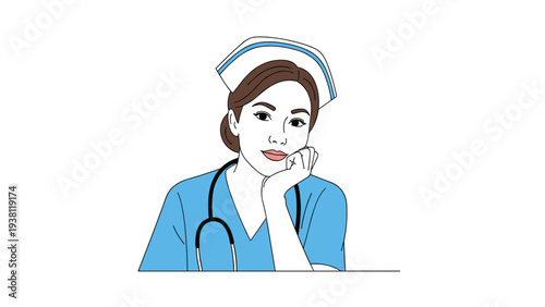 Thoughtful female nurse wearing a blue uniform and medical cap rests her chin on her hand while looking directly at the camera.