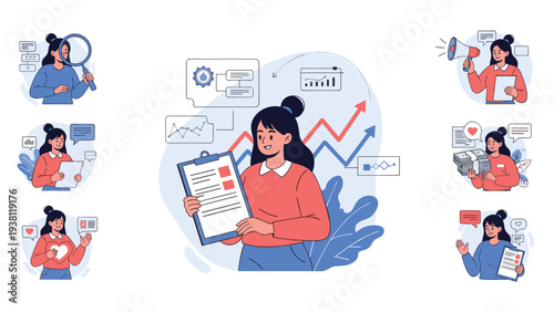 Professional businesswoman in various corporate roles including data analysis, project management, and public speaking presentations.