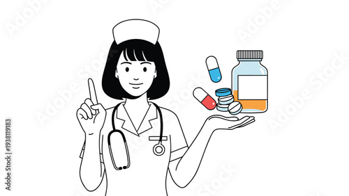 Friendly nurse in a white uniform points her finger up while holding a bottle of medicine and various capsules and pills in her hand.