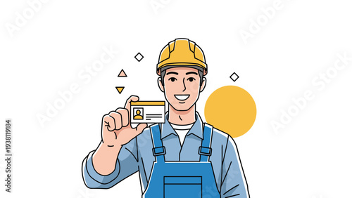 Cheerful male construction worker or engineer in yellow hard hat holding up a professional identification card on white background.