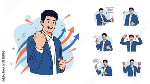 Successful businessman in a blue suit is featured in a collage with various winning gestures like thumbs up and raised fists of victory.