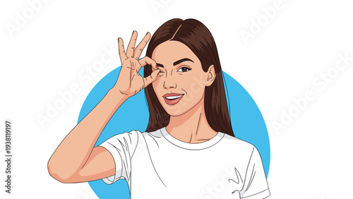 Beautiful young woman wearing white shirt making ok gesture with her hand over one eye against blue circular background element.