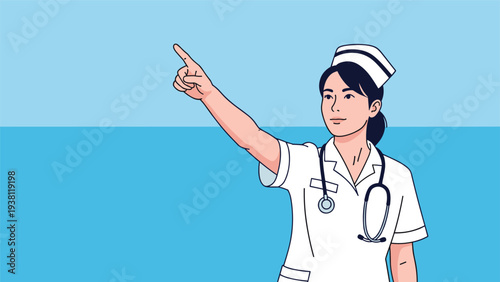 Confident nurse in white uniform and cap pointing her finger upwards towards the sky against a clean blue and light blue background.