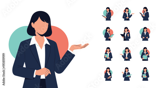 Collection of professional businesswoman character poses showing various actions like presenting, checking reports, and giving feedback.