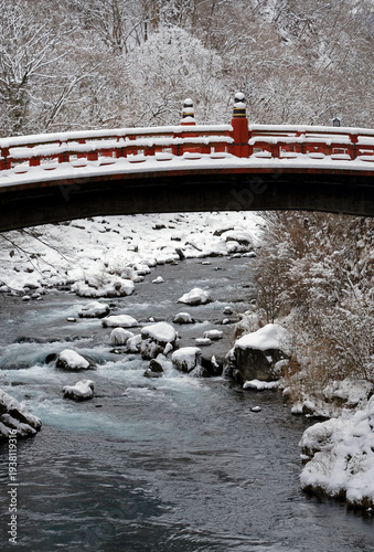 Snow on Shinkyo bridge in Nikko, Japan, during winter