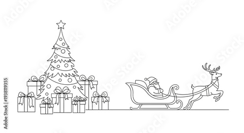 Christmas Tree with Presents and Santa's Sleigh with Reindeer illustration