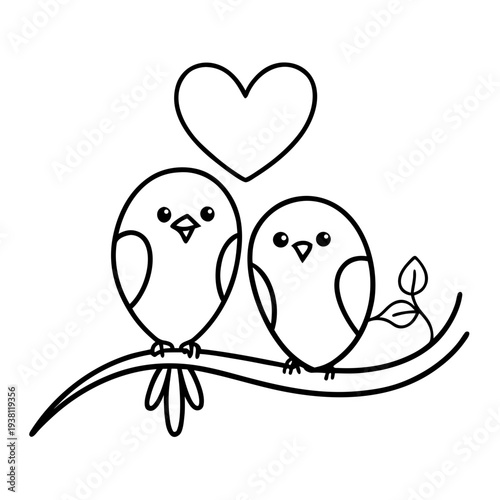 Cute Lovebirds on Heart-Shaped Branch Doodle Vector 