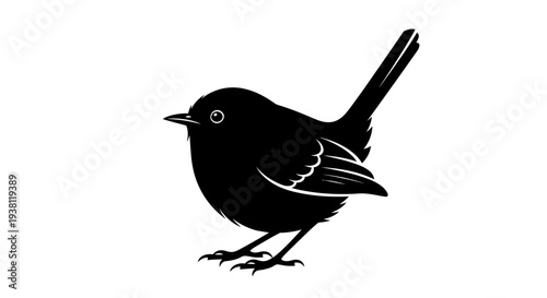 Black Bird Silhouette Perched on Feet with Stylized Tail and Wings, Isolated