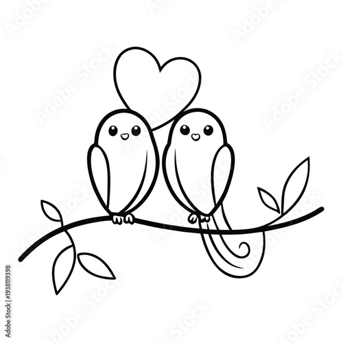 Cute Lovebirds on Heart-Shaped Branch Doodle Vector 