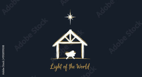 Christmas Nativity Scene with Baby Jesus, Star, and Text "Light of the World"