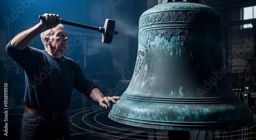 Skilled craftsman hammers a large bronze bell in a dimly lit workshop.