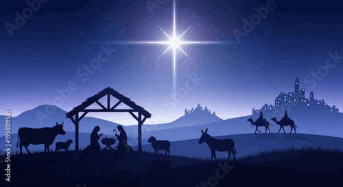 Christmas Nativity Scene with Star of Bethlehem and Three Wise Men on Camels